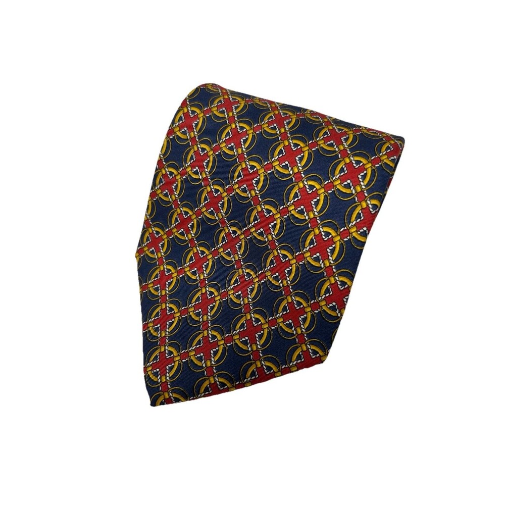 Paul Fredrick Silk Geometric Red‎ Yellow Blue Pattern Necktie  58.5" x 4"